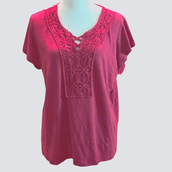 Anneliese Embroidered Fushia Pink Top Short Flutter Sleeves Women's L - Picture 1 of 11